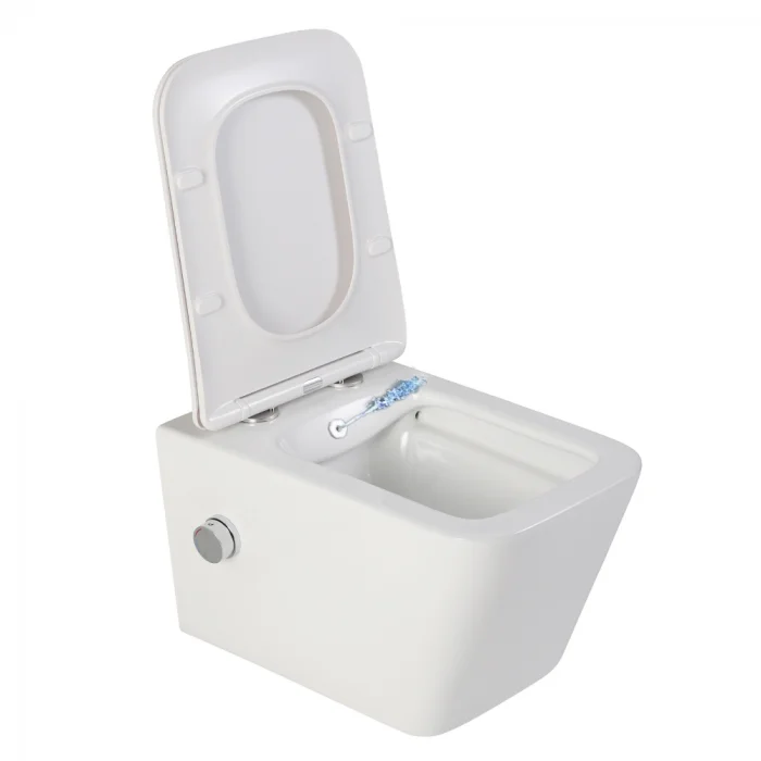 Vas wc suspendat cu functie bideu, dreptunghiular, apa calda rece, rimless, capac soft close, baterie crom Foglia Safari