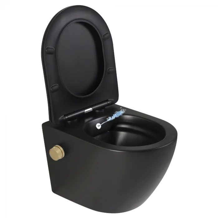 Vas wc suspendat cu functie bideu, negru mat, apa calda rece, rimless, baterie inclusa auriu mat Foglia Oslo