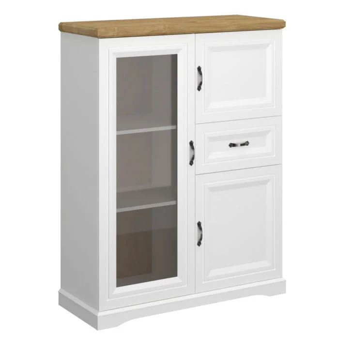 Vitrina joasa RIVA, 3 usi, 1 sertar, geam, alb + stejar harbor, 102,7x41x133,6 cm