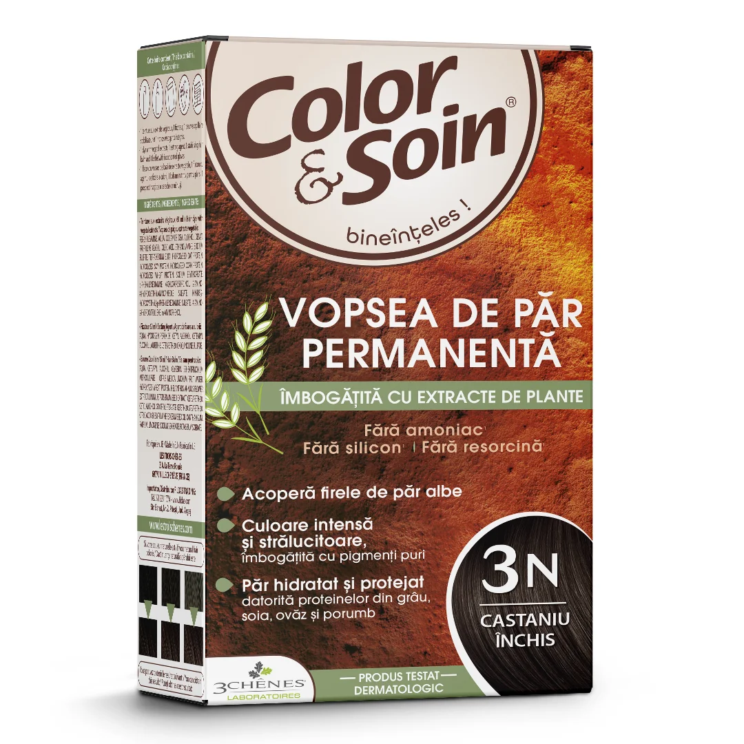 Vopsea de par fara amoniac, fara silicon, castaniu inchis, 3N, Color&Soin