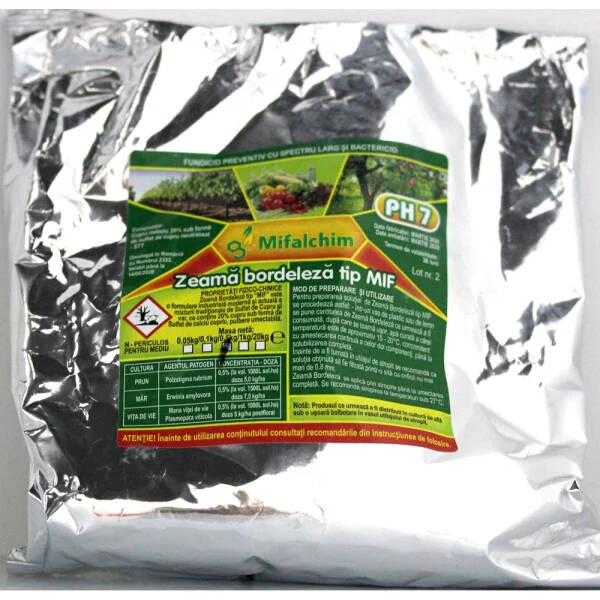 Zeama Bordeleza tip MIF 500 gr, fungicid de contact cupric, Mifalchim, mana (vita de vie, castraveti, tomate, ceapa), rapan (mar, par), monilioza (prun, cires, visin, piersic)